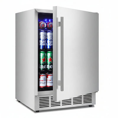 24" Outdoor Beverage Cooler Fridge - Undercounter Refrigerator, Stainless Steel Seamless Door - Holds 180 Cans, Powerful Cooling Compressor - Patio Kitchen, Commercial Use
