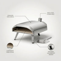 16 Inch Outdoor Pizza Oven – Portable Outdoor Pizza Maker for Backyard, Camping, or Tailgating – Stainless Steel Multi-Fuel Oven with Pizza Stone & Accessories — infographic
