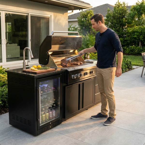 Outdoor Kitchen Island Built for Professional Cooking, 72000 BTU 4-Burner Grill, Wine Cooler, Granite Countertops