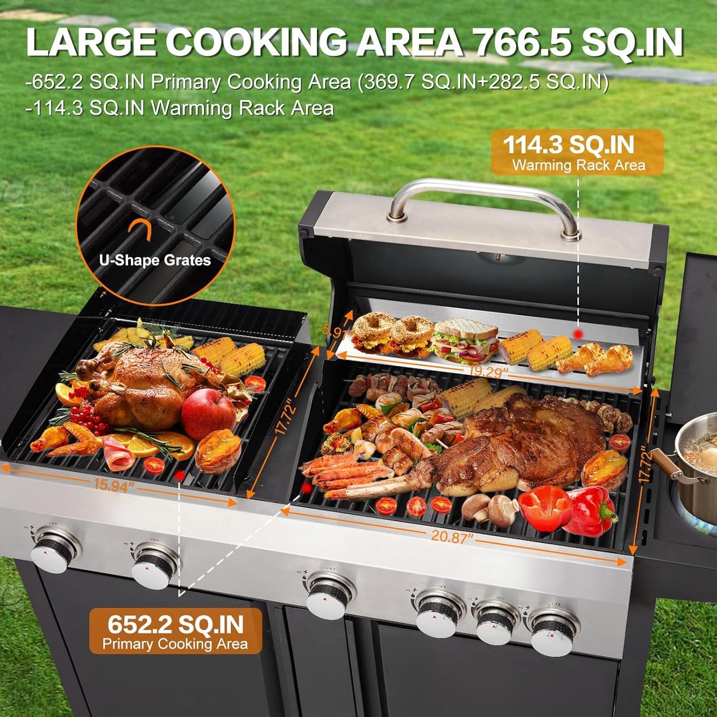 3 in 1 Pizza Griddle Grill Combo, 74,000 BTU 5-Burner Stainless Steel Propane Gas Grill with Side Burner, Porcelain Enameled Cast Iron Grates, Griddle & Pizza Oven for Outdoor Patio Backyard