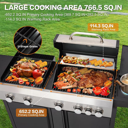 3 in 1 Pizza Griddle Grill Combo, 74,000 BTU 5-Burner Stainless Steel Propane Gas Grill with Side Burner, Porcelain Enameled Cast Iron Grates, Griddle & Pizza Oven for Outdoor Patio Backyard