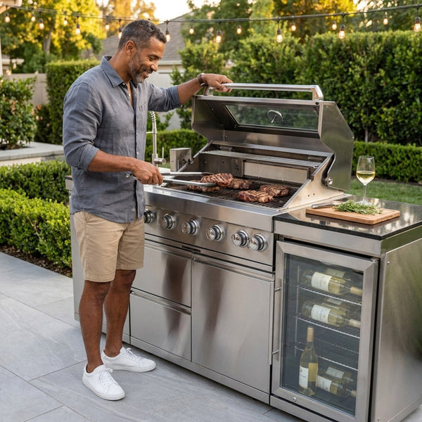 Outdoor Kitchen Island Built for Large-Scale Entertaining, 6-Burner 85000 BTU, Wine Cooler, Granite Top