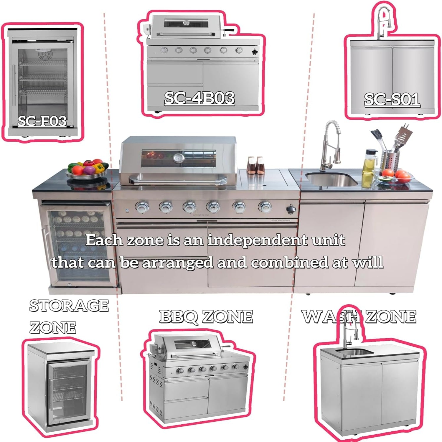 BBQ Island Outdoor Kitchen Kits, 4-Burner 72000 BTU Stainless Steel Modular 98 Inch Natural Gas Outdoor Kitchen Bar Barbecue Island Grill with Refrigerator and Sink for Patio Backyard