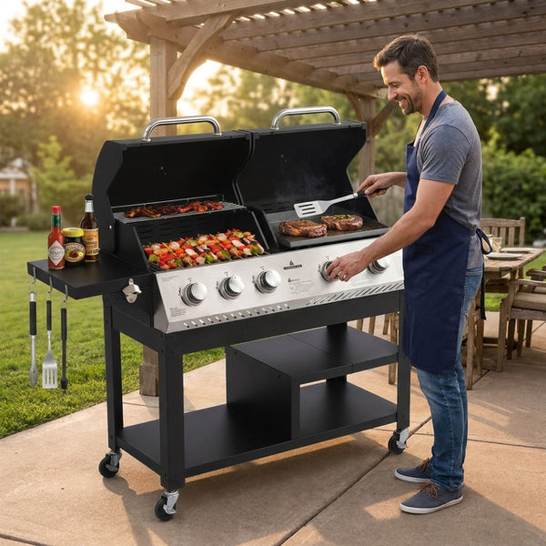 Gas Grill and Griddle Combo Built for Backyard Entertaining, 5-Burner, 54,000 BTU, Dual Zone Cooking