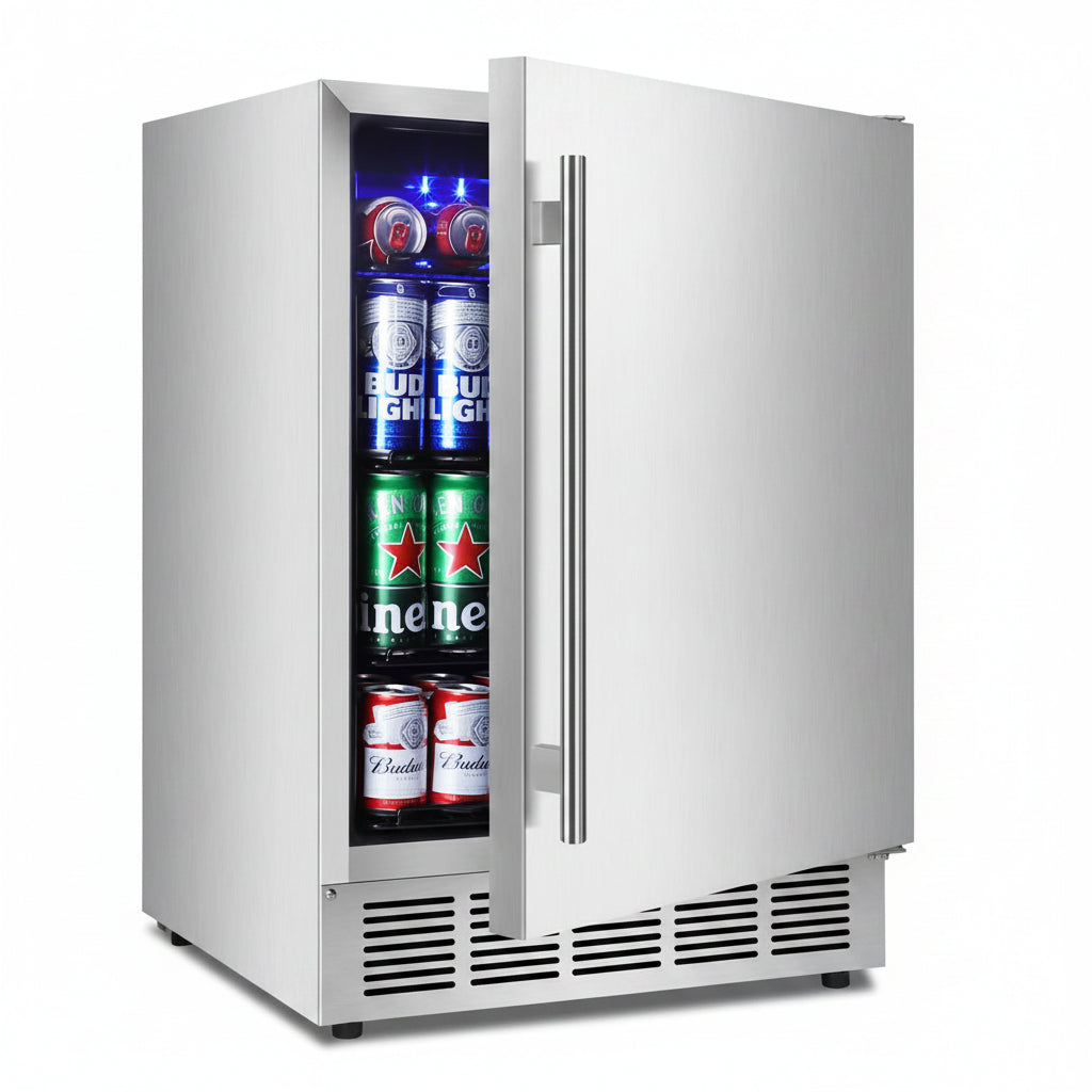 24" Outdoor Beverage Cooler Fridge - Undercounter Refrigerator, Stainless Steel Seamless Door - Holds 180 Cans, Powerful Cooling Compressor - Patio Kitchen, Commercial Use