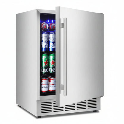 24" Outdoor Beverage Cooler Fridge - Undercounter Refrigerator, Stainless Steel Seamless Door - Holds 180 Cans, Powerful Cooling Compressor - Patio Kitchen, Commercial Use