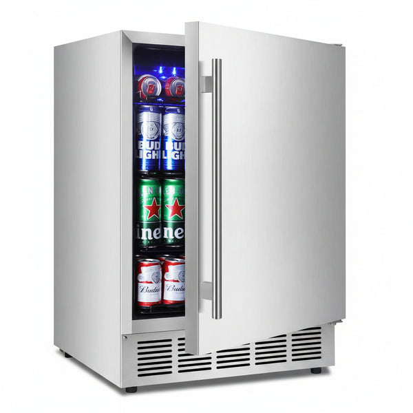 24" Outdoor Beverage Cooler Fridge - Undercounter Refrigerator, Stainless Steel Seamless Door - Holds 180 Cans, Powerful Cooling Compressor - Patio Kitchen, Commercial Use