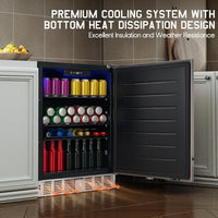24 Inch Outdoor Beverage Fridge, 5.0 Cu.Ft Beverage Refrigerator Holds 166 Cans, 32-50°F Drink Cooler with IPX4 Waterproof Design, Auto-Defrost, Build-In or Freestanding for Patio & Backyard