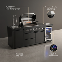 Outdoor Kitchen Island Built for Professional Cooking, 72000 BTU 4-Burner Grill, Wine Cooler, Granite Countertops — infographic