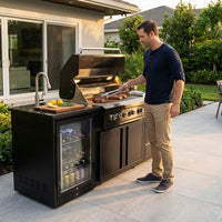 Outdoor Kitchen Island Black Stainless Steel with Sink & 46-Inch 4-Burner 72000 BTU Grill, Wine Cooler, Refrigerator, Rotisserie Kit & Granite Countertops — Lifestyle