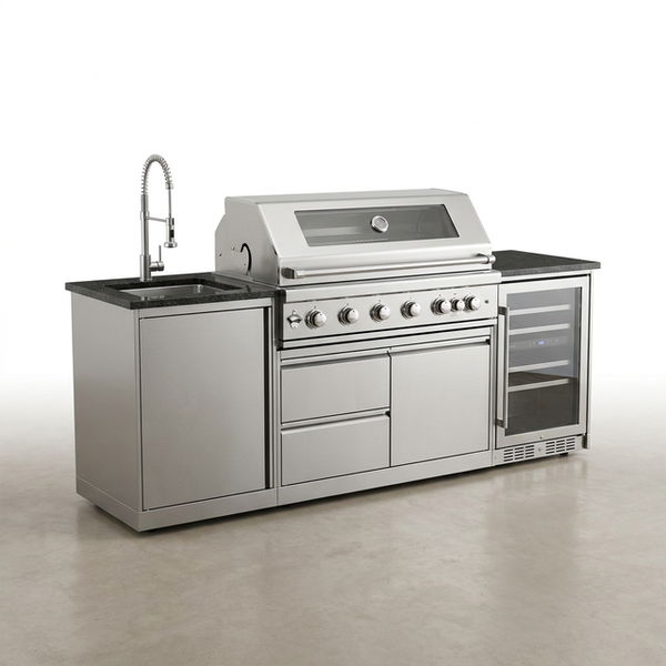 Outdoor Kitchen Island 85" 6-Burner 85000 BTU Deluxe Modular BBQ Island - Grill Islands W/Wine Cooler, Built in Combo outside Island + Rotisserie & Granite Top Outdoor Grill — Studio Shot