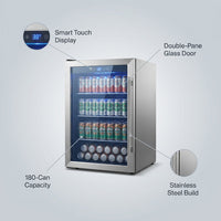24.4 Inch Beverage Refrigerator, under Counter Freestanding Beverage Cooler 180 Can, Outdoor Fridge with Stainless Steel Door, Outdoor Refrigerator for Patio, Home, Kitchen, Bar (Silver) — infographic