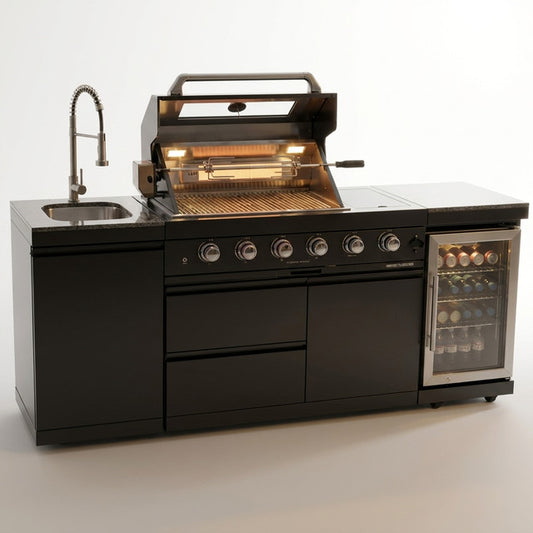 Outdoor Kitchen Island Built for Professional Cooking, 72000 BTU 4-Burner Grill, Wine Cooler, Granite Countertops — Studio Shot
