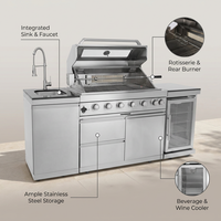 Outdoor Kitchen Island 85" 6-Burner 85000 BTU Deluxe Modular BBQ Island - Grill Islands W/Wine Cooler, Built in Combo outside Island + Rotisserie & Granite Top Outdoor Grill — infographic