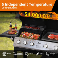 5-Burner Propane Gas Grill and Griddle Combo, Dual Zone Outdoor BBQ | 2026 New Update, 54,000 BTU, 627 SQ.IN., Stainless Steel & Porcelain Cast Iron