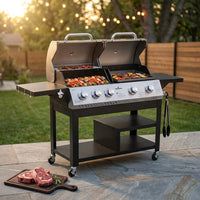 5-Burner Propane Gas Grill and Griddle Combo, Dual Zone Outdoor BBQ | 2026 New Update, 54,000 BTU, 627 SQ.IN., Stainless Steel & Porcelain Cast Iron — Studio Shot