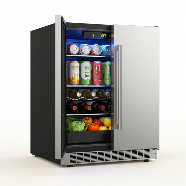 24.4 Inch Beverage Refrigerator, under Counter Freestanding Beverage Cooler 180 Can, Outdoor Fridge with Stainless Steel Door, Outdoor Refrigerator for Patio, Home, Kitchen, Bar (Silver) — Studio Shot