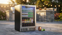 24 Inch Outdoor Beverage Fridge, 5.0 Cu.Ft Beverage Refrigerator Holds 166 Cans, 32-50°F Drink Cooler with IPX4 Waterproof Design, Auto-Defrost, Build-In or Freestanding for Patio & Backyard — Lifestyle