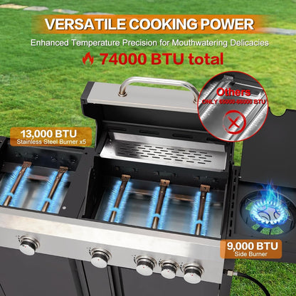 3 in 1 Pizza Griddle Grill Combo, 74,000 BTU 5-Burner Stainless Steel Propane Gas Grill with Side Burner, Porcelain Enameled Cast Iron Grates, Griddle & Pizza Oven for Outdoor Patio Backyard