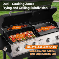 5-Burner Propane Gas Grill and Griddle Combo, Dual Zone Outdoor BBQ | 2026 New Update, 54,000 BTU, 627 SQ.IN., Stainless Steel & Porcelain Cast Iron