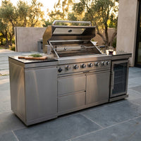 Outdoor Kitchen Island 85" 6-Burner 85000 BTU Deluxe Modular BBQ Island - Grill Islands W/Wine Cooler, Built in Combo outside Island + Rotisserie & Granite Top Outdoor Grill — Studio Shot