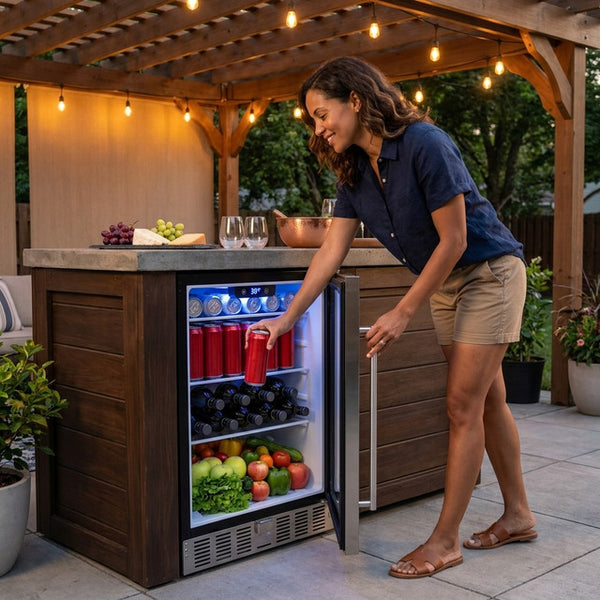 Beverage Refrigerator Built for Outdoor Use, 180 Can Capacity, Stainless Steel Door, Under Counter Design
