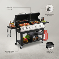 5-Burner Propane Gas Grill and Griddle Combo, Dual Zone Outdoor BBQ | 2026 New Update, 54,000 BTU, 627 SQ.IN., Stainless Steel & Porcelain Cast Iron — infographic
