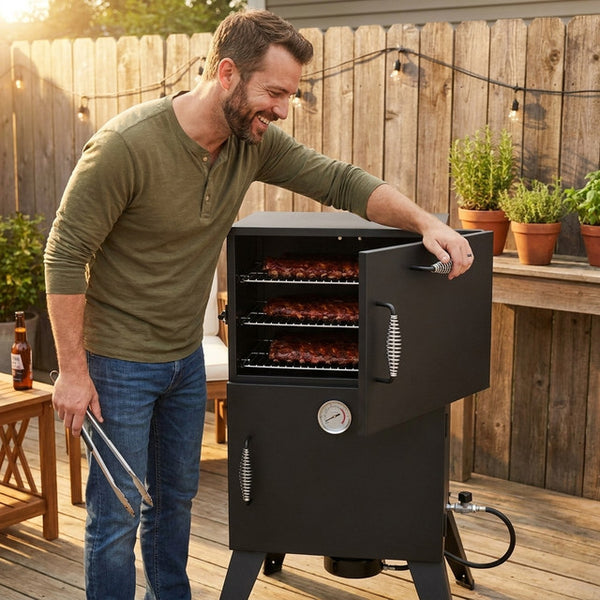 Vertical Gas Smoker Built for Consistent Heat Control, 477 Sq In Capacity, 3 Removable Racks, Heavy Duty
