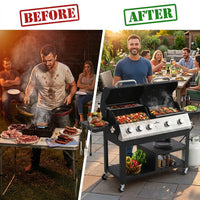5-Burner Propane Gas Grill and Griddle Combo, Dual Zone Outdoor BBQ | 2026 New Update, 54,000 BTU, 627 SQ.IN., Stainless Steel & Porcelain Cast Iron — Before & After