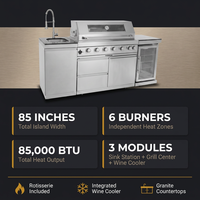 Outdoor Kitchen Island 85" 6-Burner 85000 BTU Deluxe Modular BBQ Island - Grill Islands W/Wine Cooler, Built in Combo outside Island + Rotisserie & Granite Top Outdoor Grill — Results & Stats
