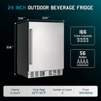 24 Inch Outdoor Beverage Fridge, 5.0 Cu.Ft Beverage Refrigerator Holds 166 Cans, 32-50°F Drink Cooler with IPX4 Waterproof Design, Auto-Defrost, Build-In or Freestanding for Patio & Backyard
