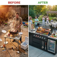 Outdoor Kitchen Island Black Stainless Steel with Sink & 46-Inch 4-Burner 72000 BTU Grill, Wine Cooler, Refrigerator, Rotisserie Kit & Granite Countertops — Before & After