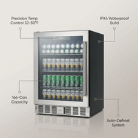 24 Inch Outdoor Beverage Fridge, 5.0 Cu.Ft Beverage Refrigerator Holds 166 Cans, 32-50°F Drink Cooler with IPX4 Waterproof Design, Auto-Defrost, Build-In or Freestanding for Patio & Backyard — infographic