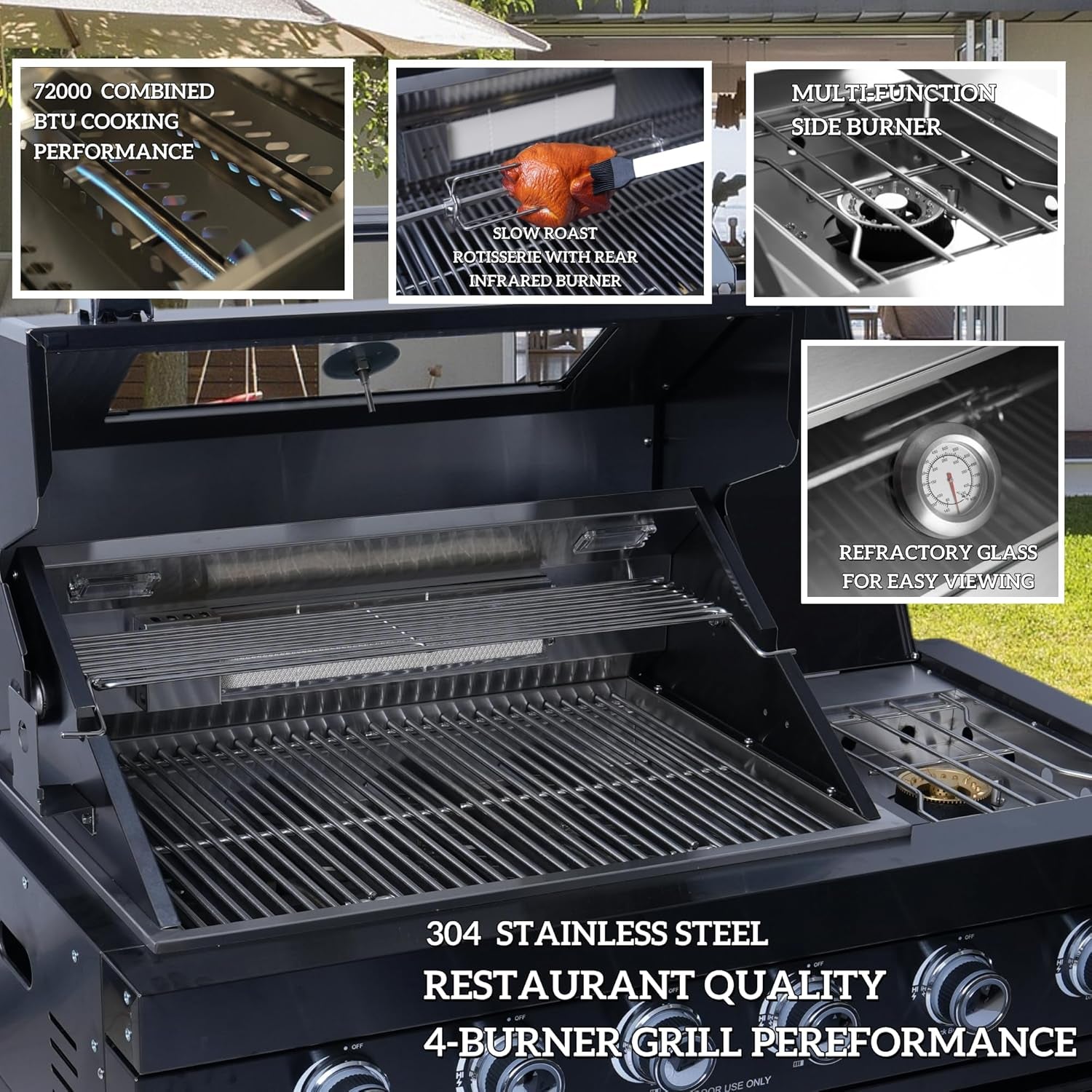 BBQ Island Outdoor Kitchen Kits, 4-Burner 72000 BTU Stainless Steel Modular 98 Inch Natural Gas Outdoor Kitchen Bar Barbecue Island Grill with Refrigerator and Sink for Patio Backyard