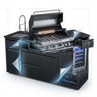 Outdoor Kitchen Island Black Stainless Steel with Sink & 46-Inch 4-Burner 72000 BTU Grill, Wine Cooler, Refrigerator, Rotisserie Kit & Granite Countertops — How It Works