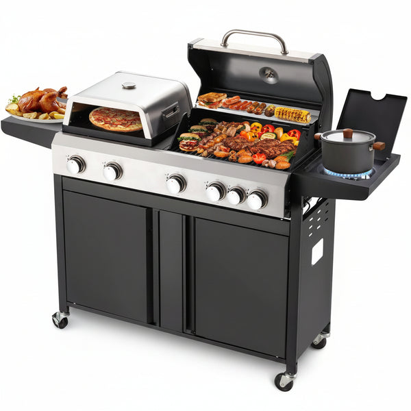 3 in 1 Pizza Griddle Grill Combo, 74,000 BTU 5-Burner Stainless Steel Propane Gas Grill with Side Burner, Porcelain Enameled Cast Iron Grates, Griddle & Pizza Oven for Outdoor Patio Backyard