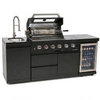 Outdoor Kitchen Island Black Stainless Steel with Sink & 46-Inch 4-Burner 72000 BTU Grill, Wine Cooler, Refrigerator, Rotisserie Kit & Granite Countertops — Studio Shot