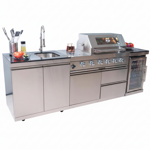 BBQ Island Outdoor Kitchen Kits, 4-Burner 72000 BTU Stainless Steel Modular 98 Inch Natural Gas Outdoor Kitchen Bar Barbecue Island Grill with Refrigerator and Sink for Patio Backyard